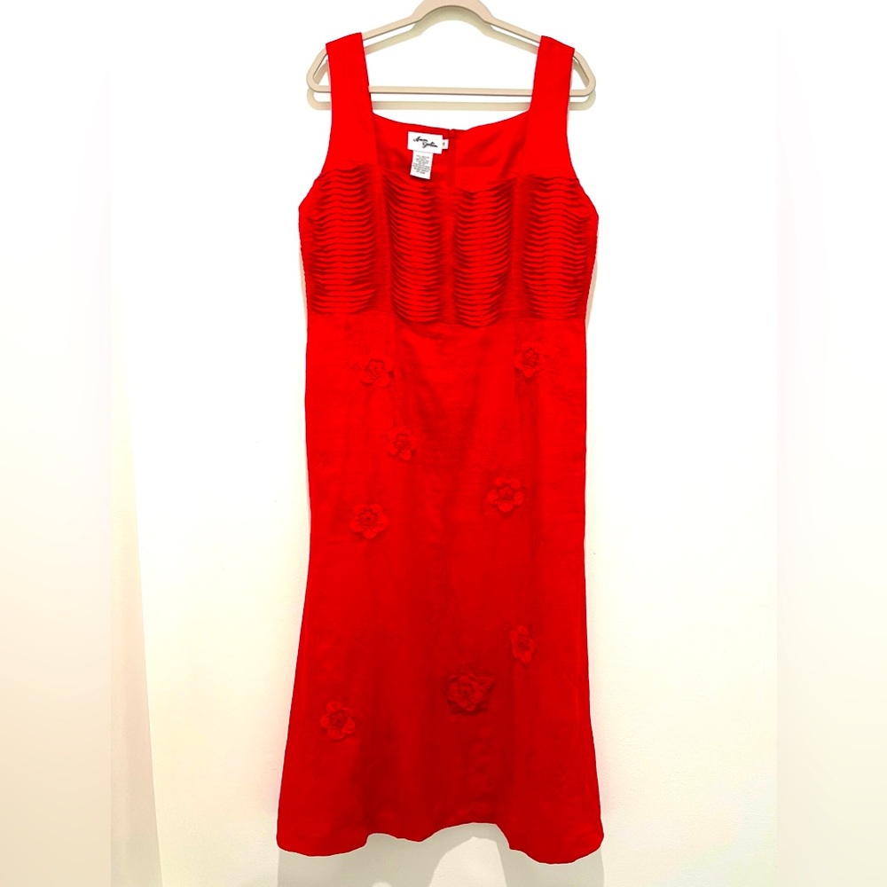 Vintage Ann Gerlin 100% Linen Floral Embroidered Sleeveless Red Dress Size 16